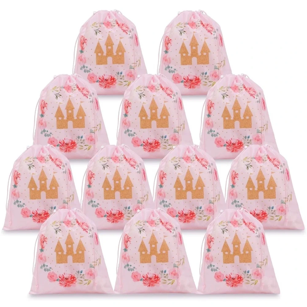 Pink Drawstring Bag with Gold Castle Design (14 Drawstring bags)
